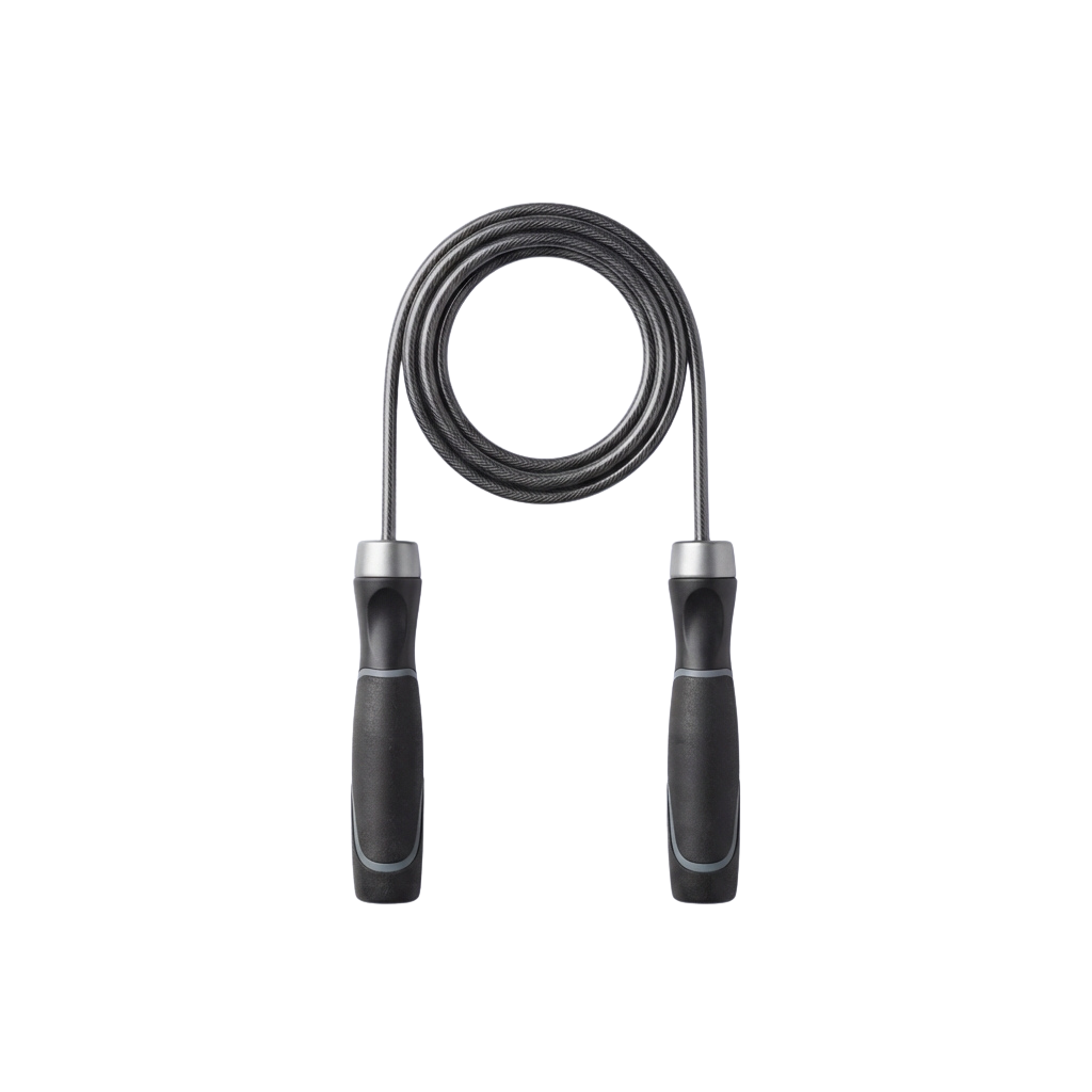Black jump rope with padded handles laid against a dark background