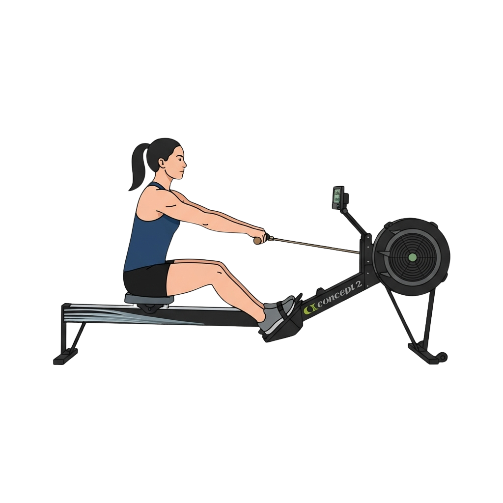 A person performing a rowing exercise on an indoor rowing machine with proper form.