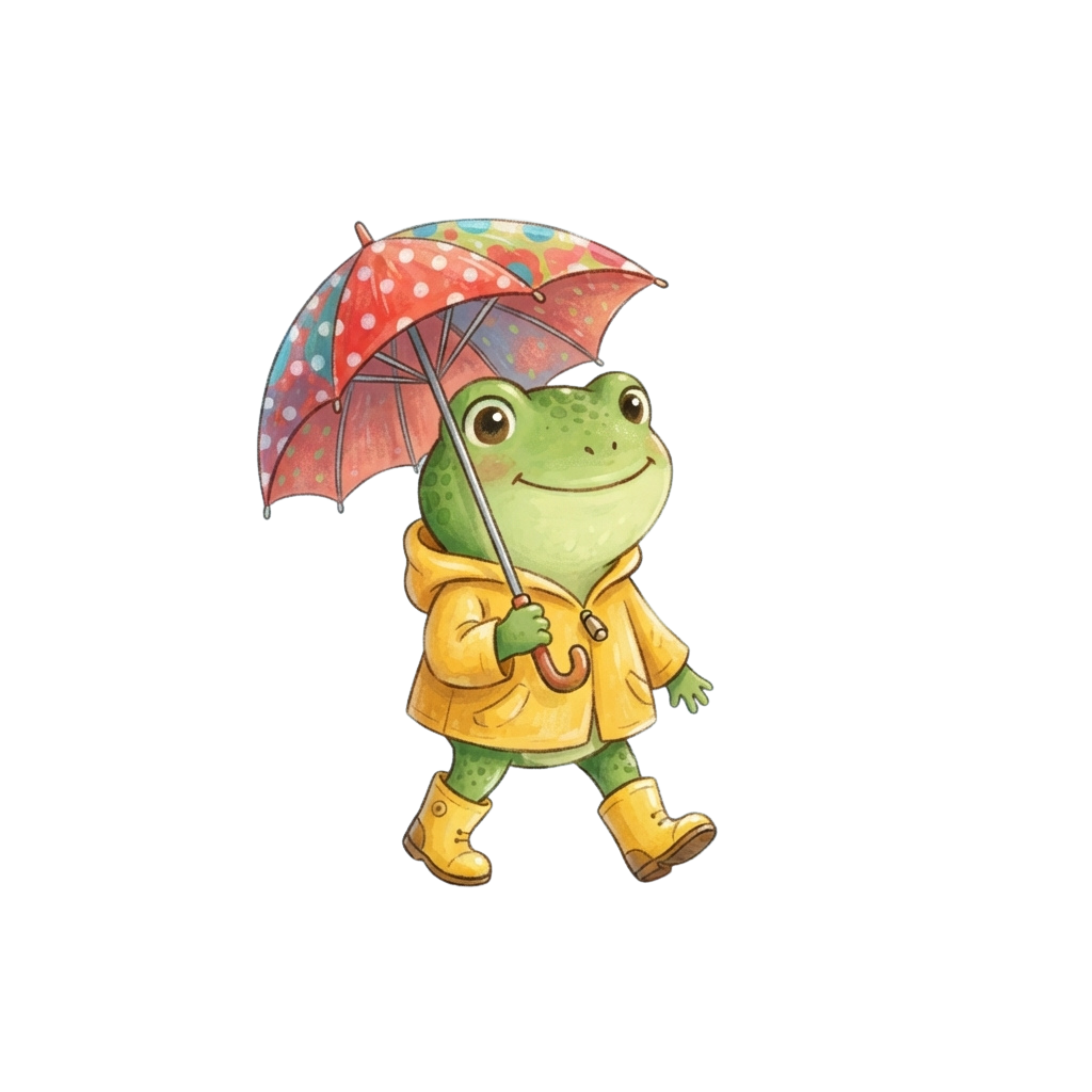 A cheerful green cartoon frog wearing a yellow raincoat and boots, holding a colorful umbrella, walking forward.