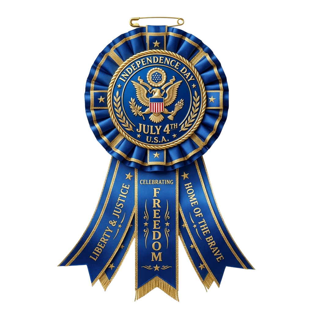 Blue and gold Independence Day ribbon badge featuring an eagle, stars, and patriotic text celebrating July 4th in the USA