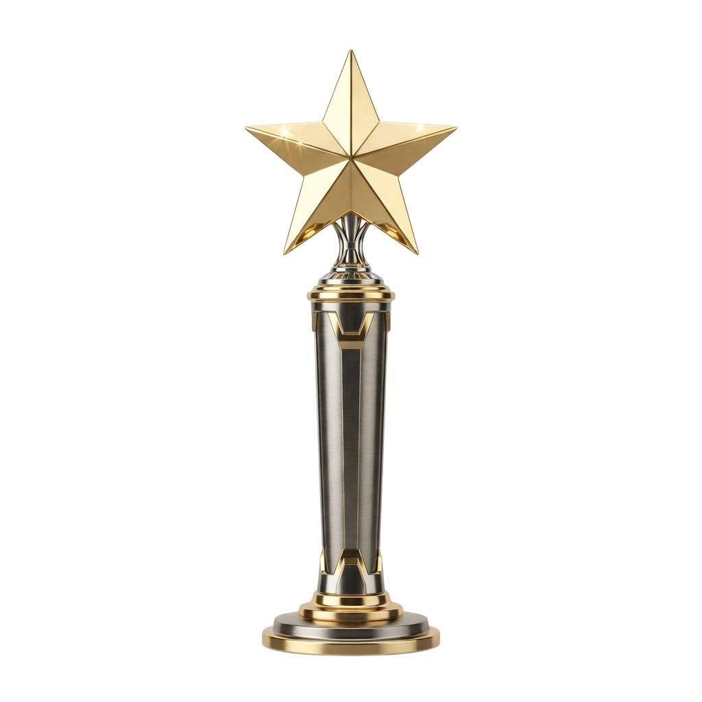 A shiny gold star trophy mounted on a tall metallic pedestal against a black background