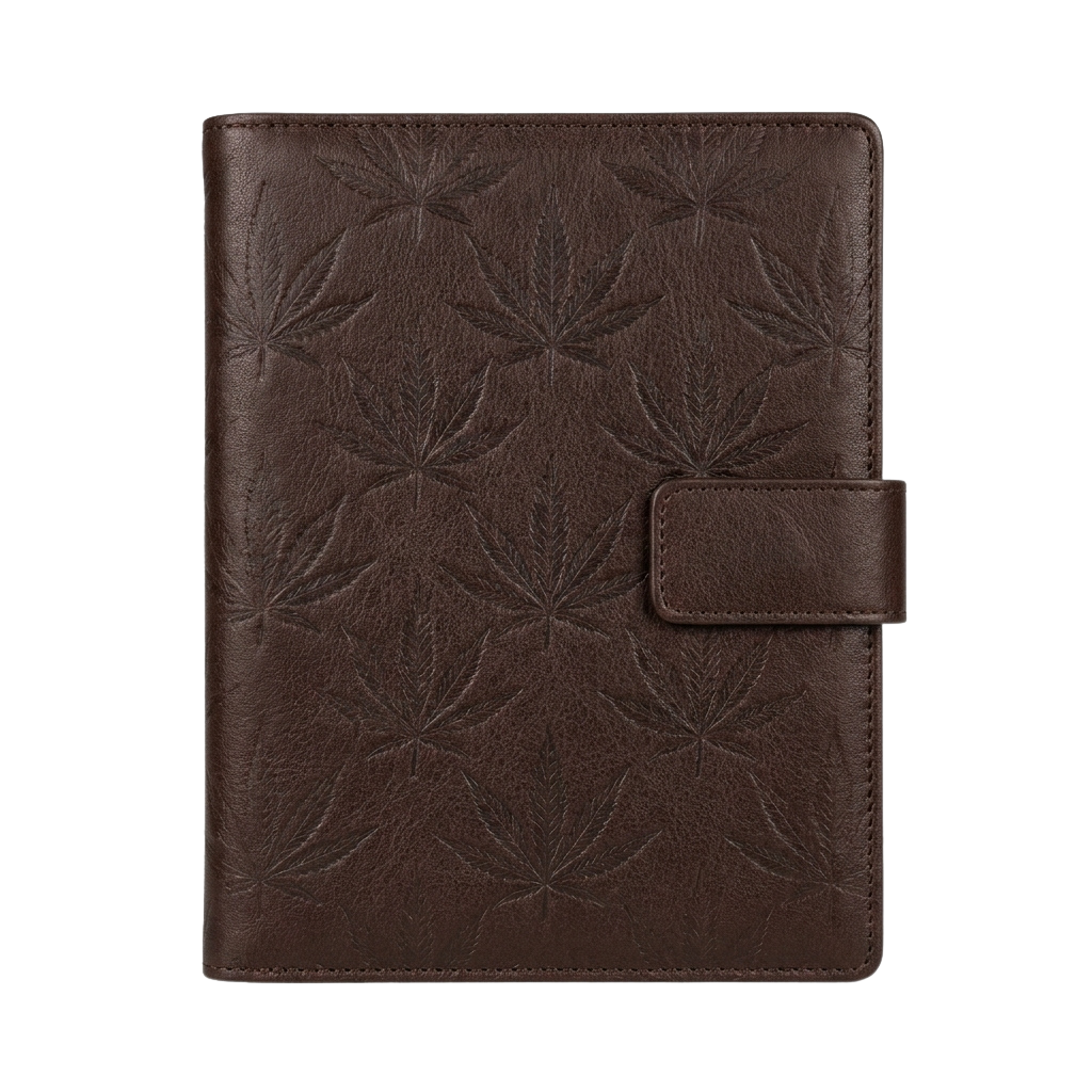 Brown leather notebook cover featuring a textured flower pattern design and a card slot on the right side
