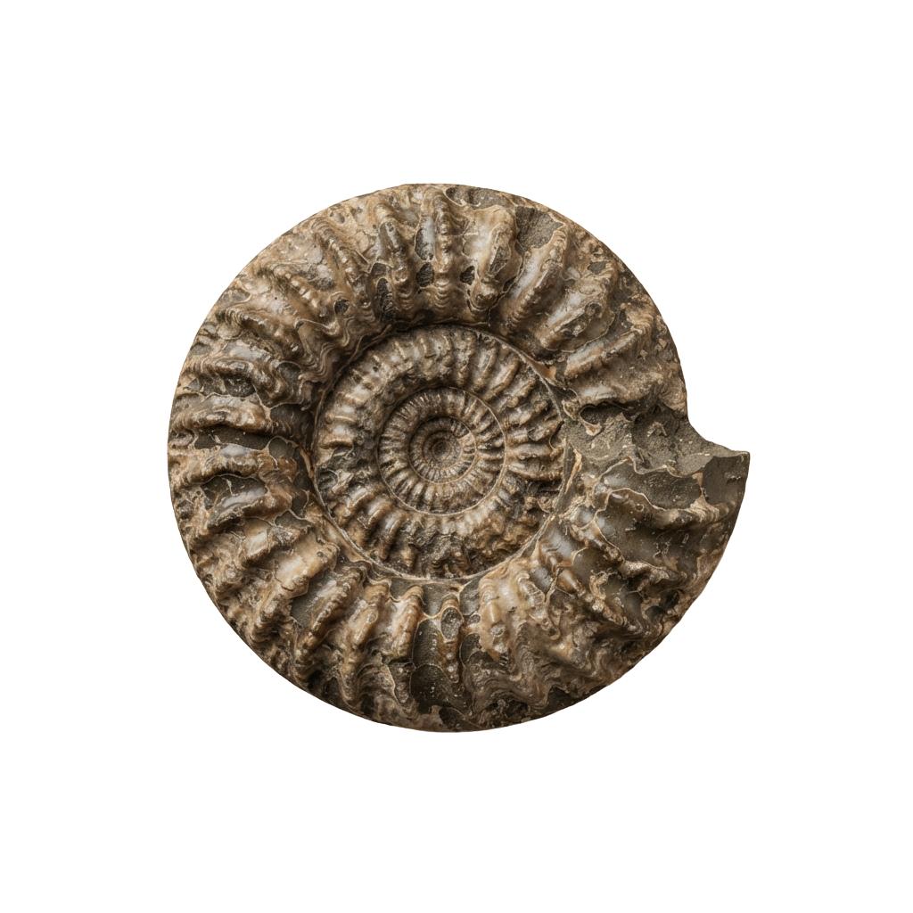 A fossilized ammonite shell displaying a detailed spiral pattern and segmented chambers.