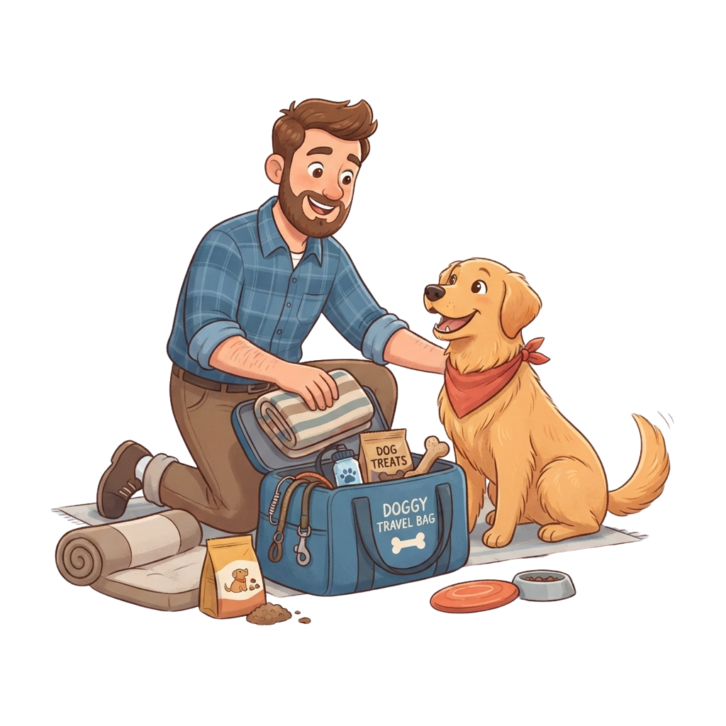A man packing a doggy travel bag with a happy golden Labrador sitting beside him