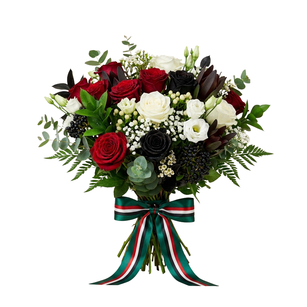 Funeral bouquet featuring red, white, and black roses with greenery and a decorative ribbon bow