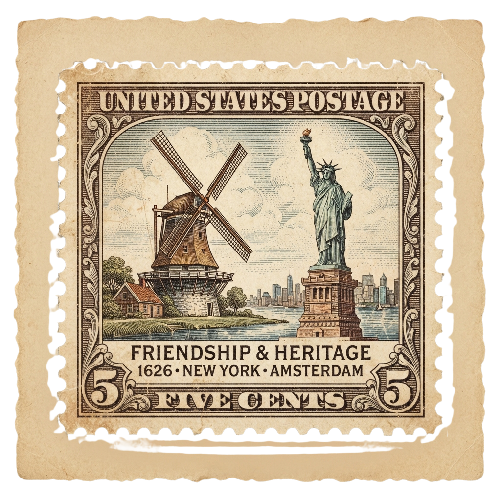 Vintage US postage stamp showing a windmill, Statue of Liberty, and text reading Friendship Heritage 1626 New York Amsterdam.