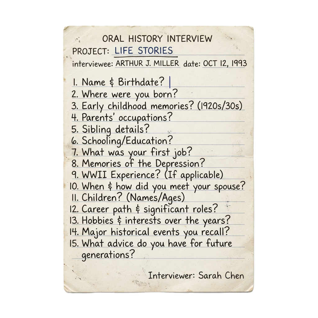 Handwritten oral history interview questions sheet from 1993 with Arthur J Miller as interviewee