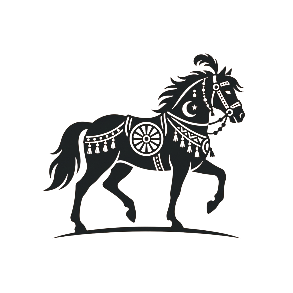 Silhouette of a horse with decorative harness and tassels on a dark background
