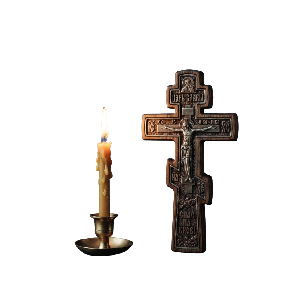 Orthodox Cross with Lit Candle PNG