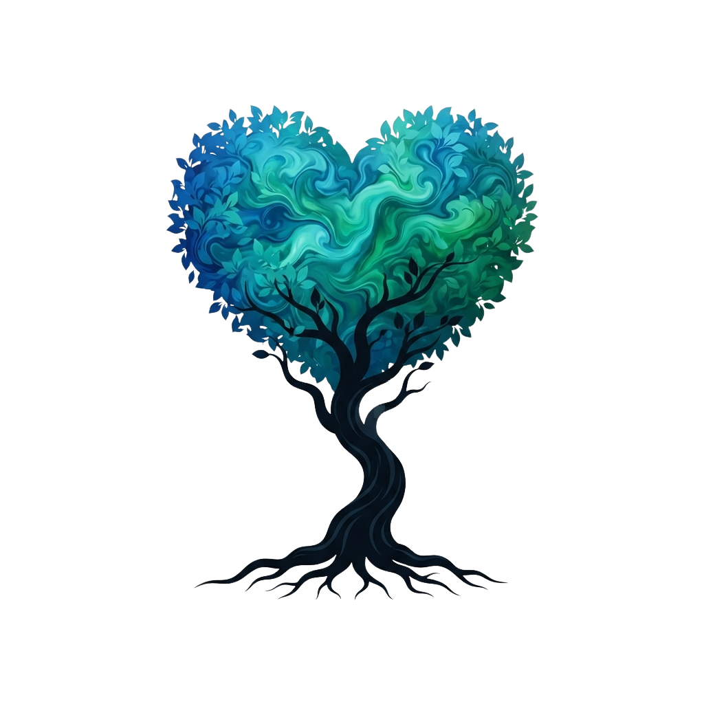 A heart-shaped tree with blue-green foliage and roots against a black background