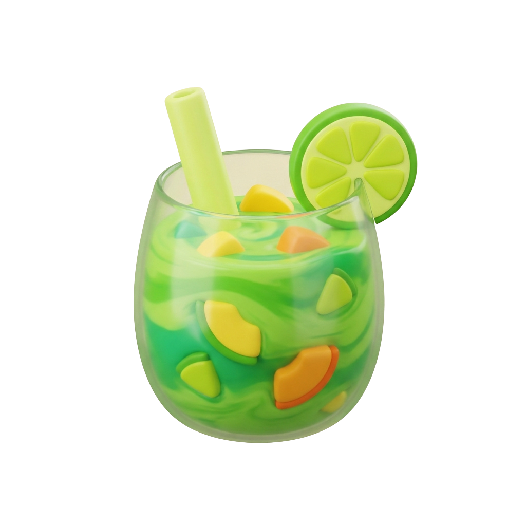 A glass filled with green citrus drink containing lime slices and fruit pieces with a lime garnish and straw