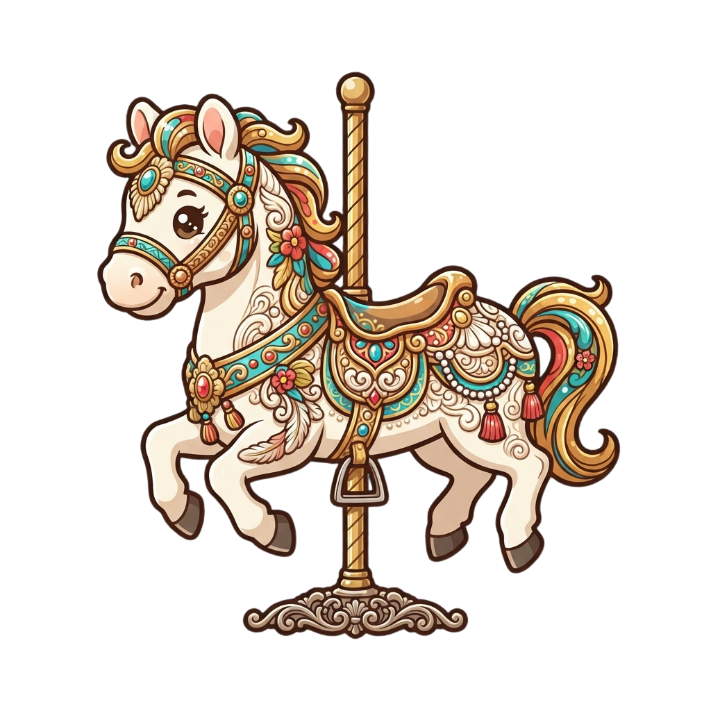 Illustration of an ornate carousel horse with intricate patterns and colorful details, standing on a decorative base