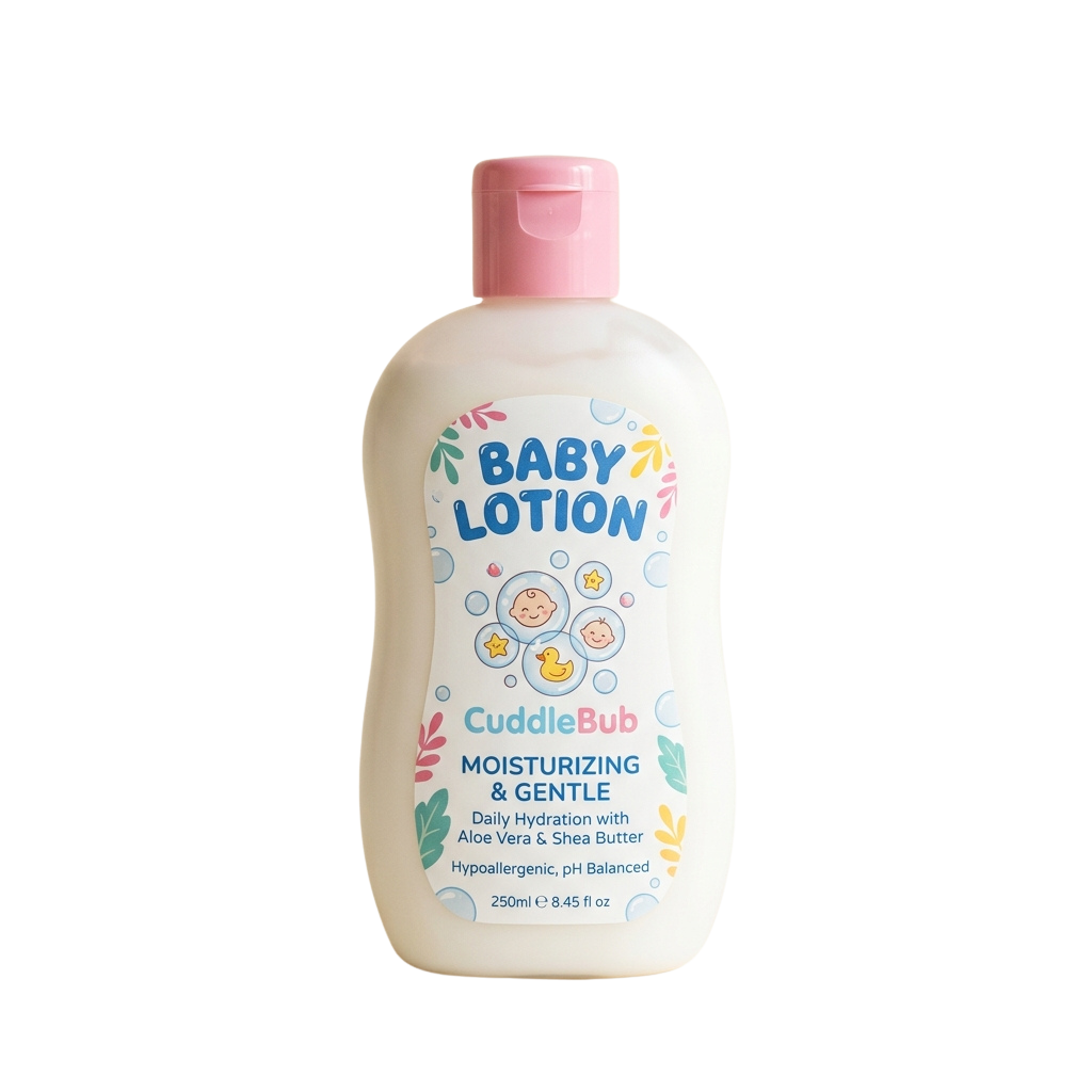White bottle of baby lotion with pink cap labeled moisturizing and gentle, featuring cartoon baby and duck illustrations