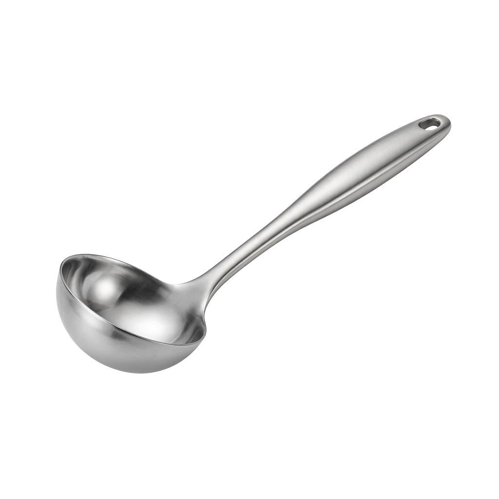 A shiny stainless steel serving spoon with a deep bowl and ergonomic handle