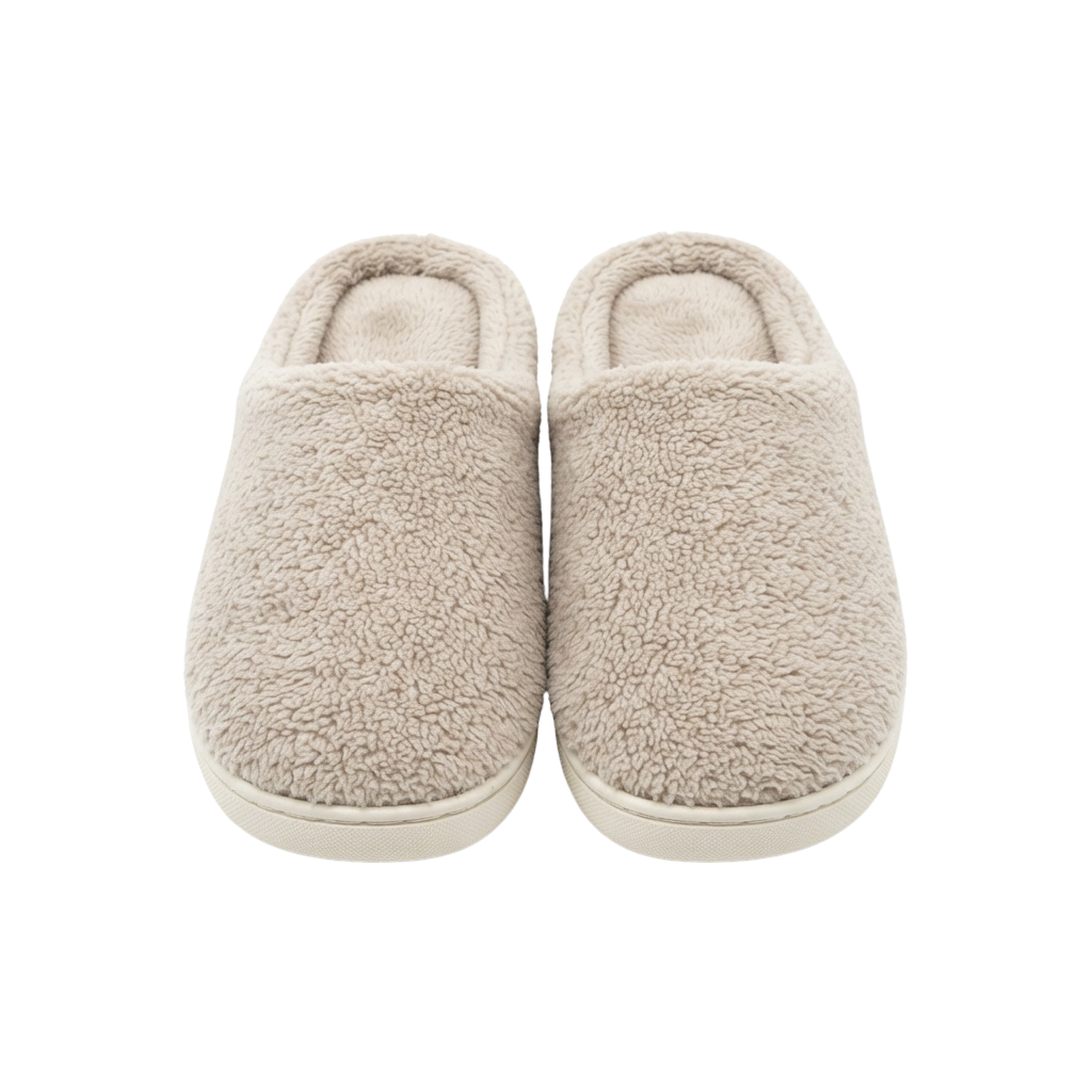 Pair of light beige plush slippers with soft fuzzy lining and rounded toe design