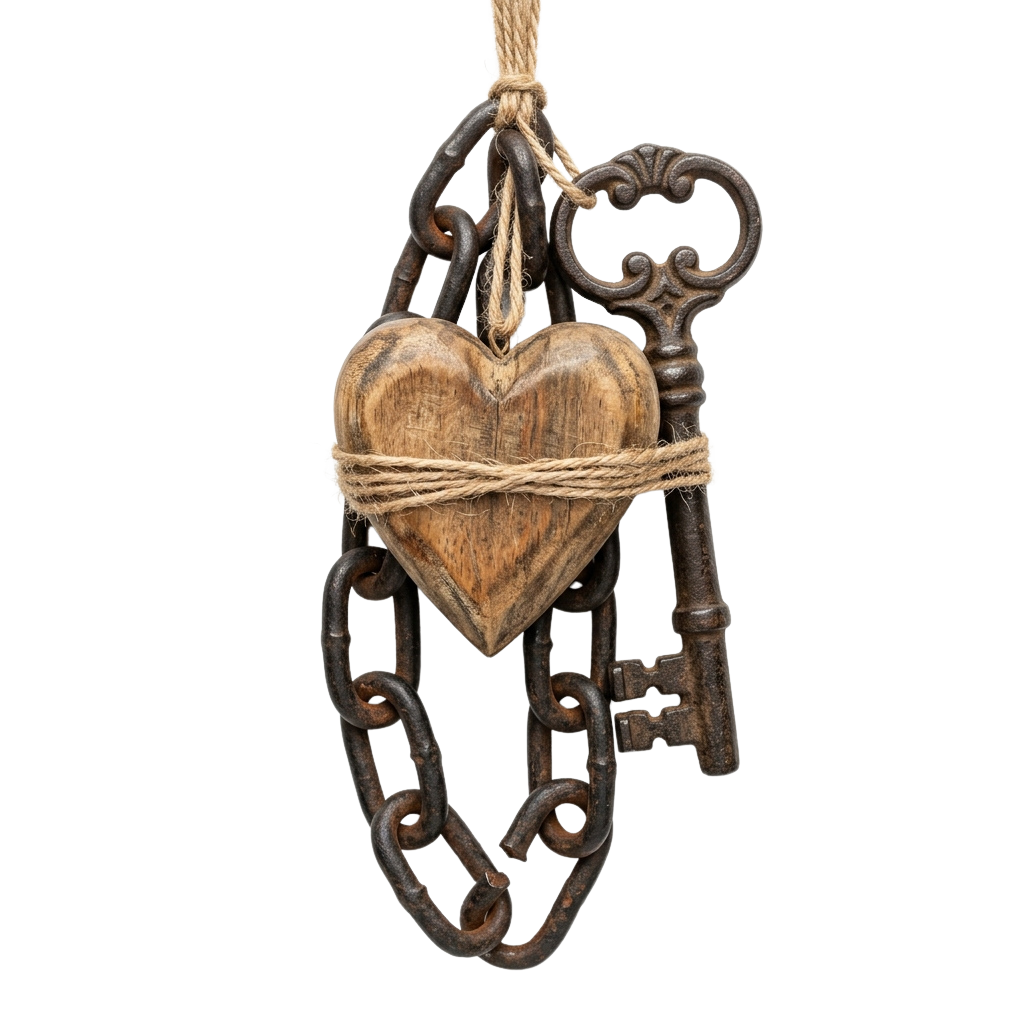 Wooden heart tied with rope and attached to old-fashioned keys on a chain
