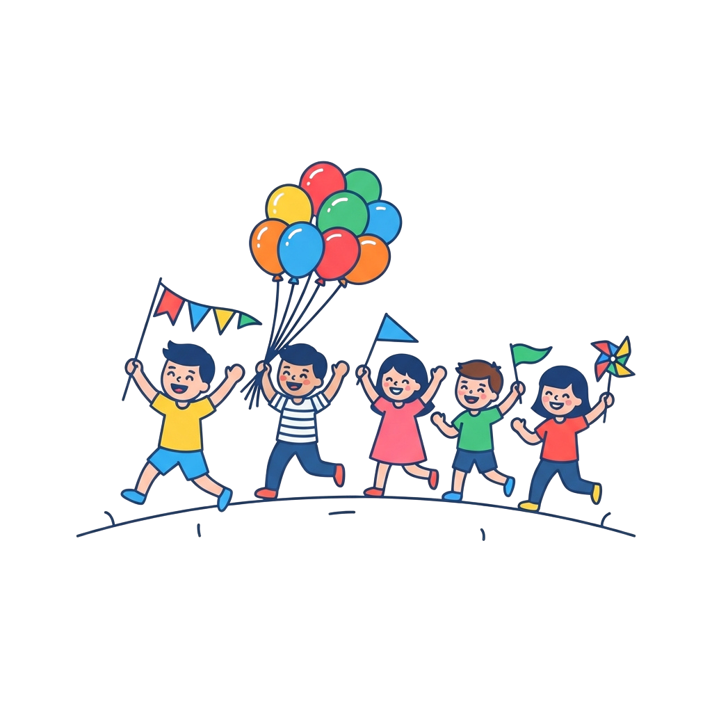 Five smiling children holding colorful balloons and flags, celebrating together joyfully