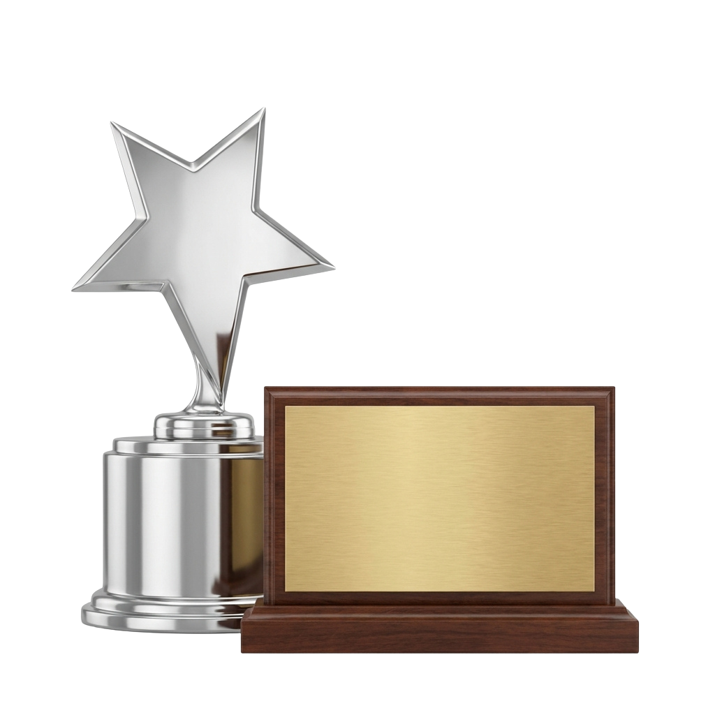 Shiny silver star trophy mounted on a polished base with a wooden plaque