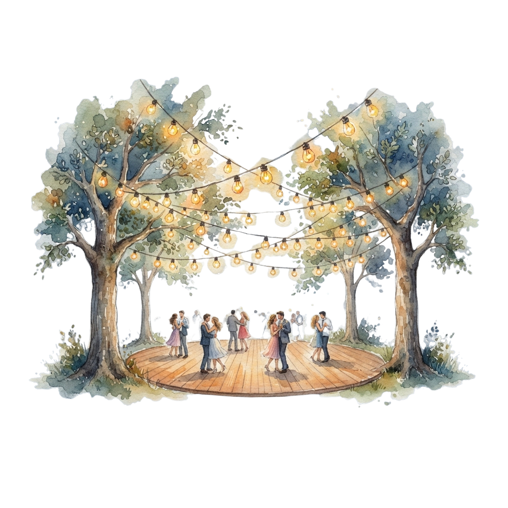 Illustration of a wedding ceremony taking place on a wooden platform surrounded by trees with string lights overhead