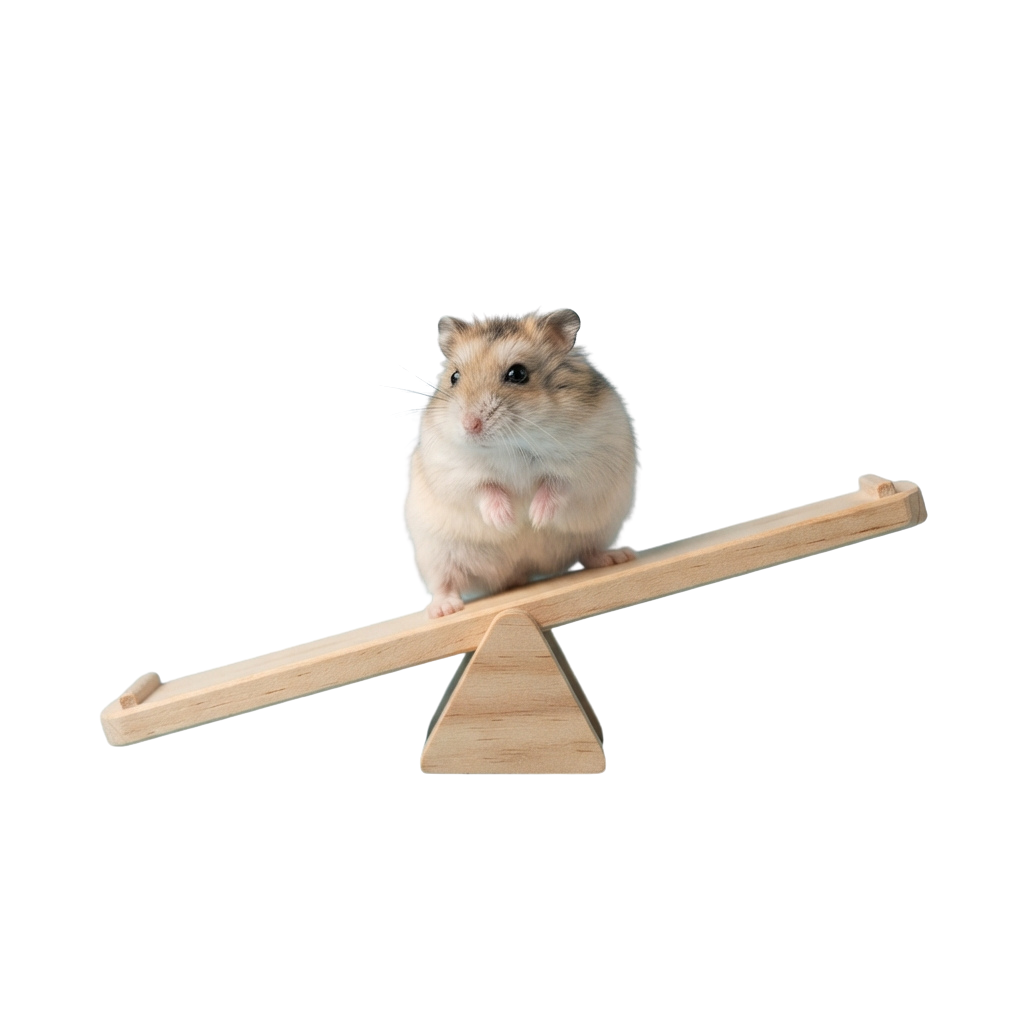 A small hamster sitting balanced on a wooden seesaw against a black background