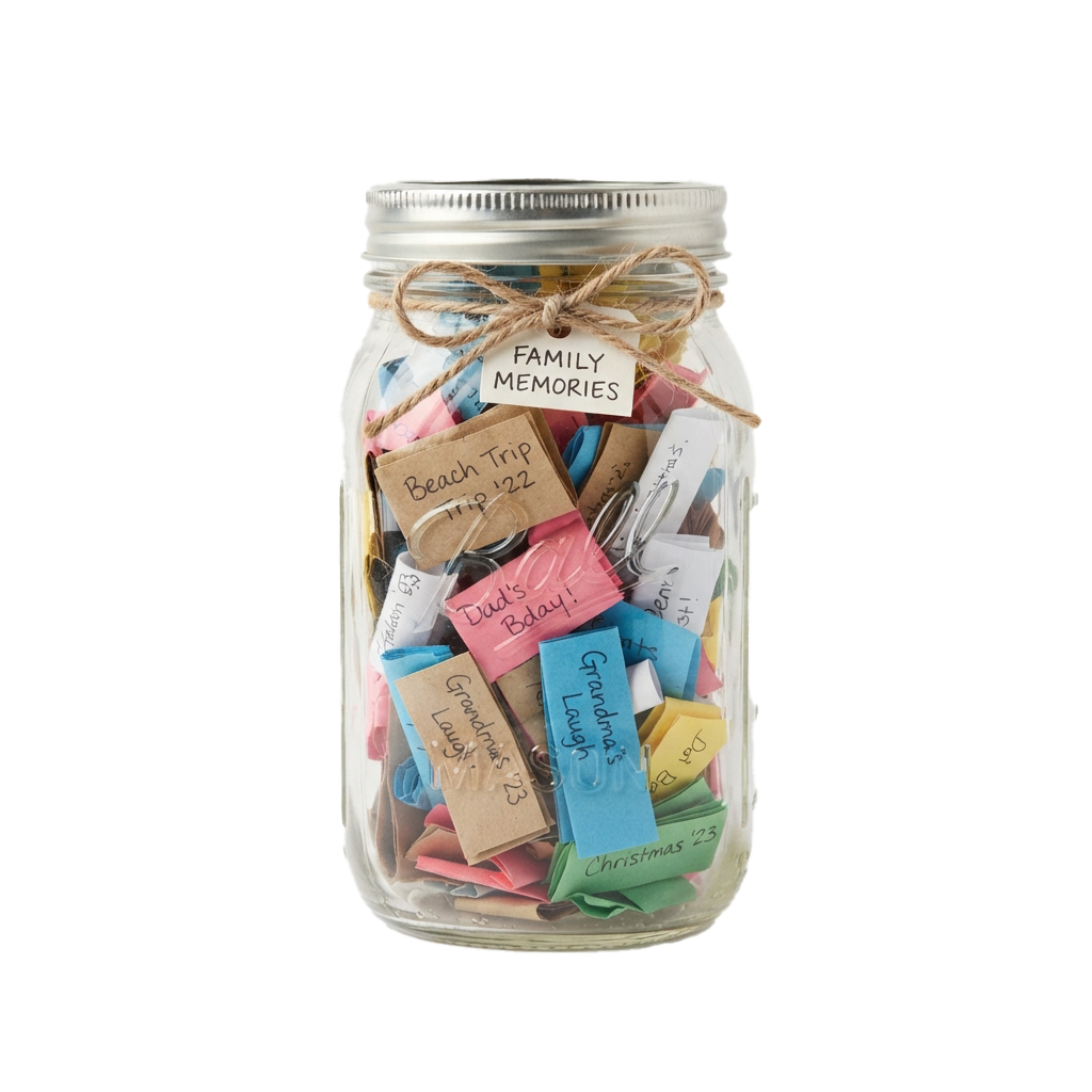 A glass jar filled with colorful notes and small items labeled with family memories and events