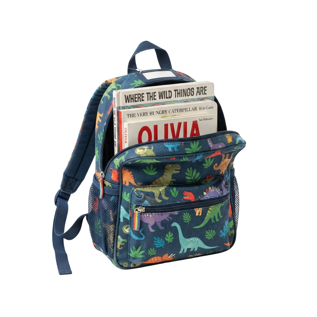 A colorful backpack with dinosaur print holding three children's books.