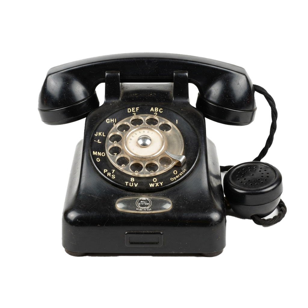 A black vintage rotary dial telephone with a handset and numbered dial pad.