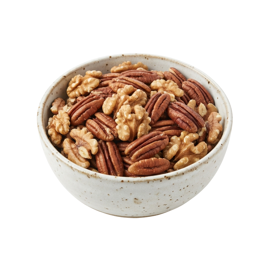 A white ceramic bowl filled with a mix of pecans and walnuts