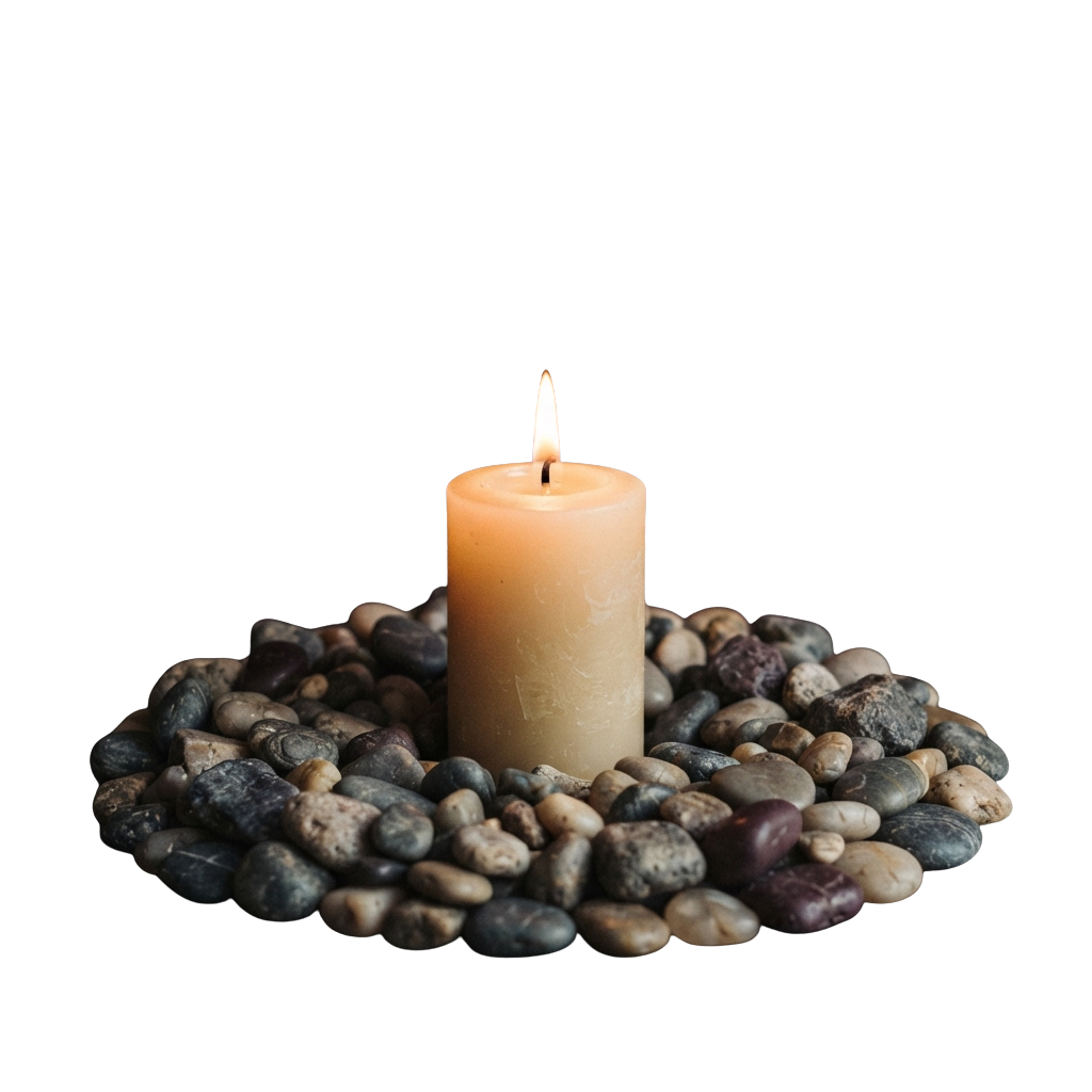A lit candle placed on a circular arrangement of smooth river stones against a dark background