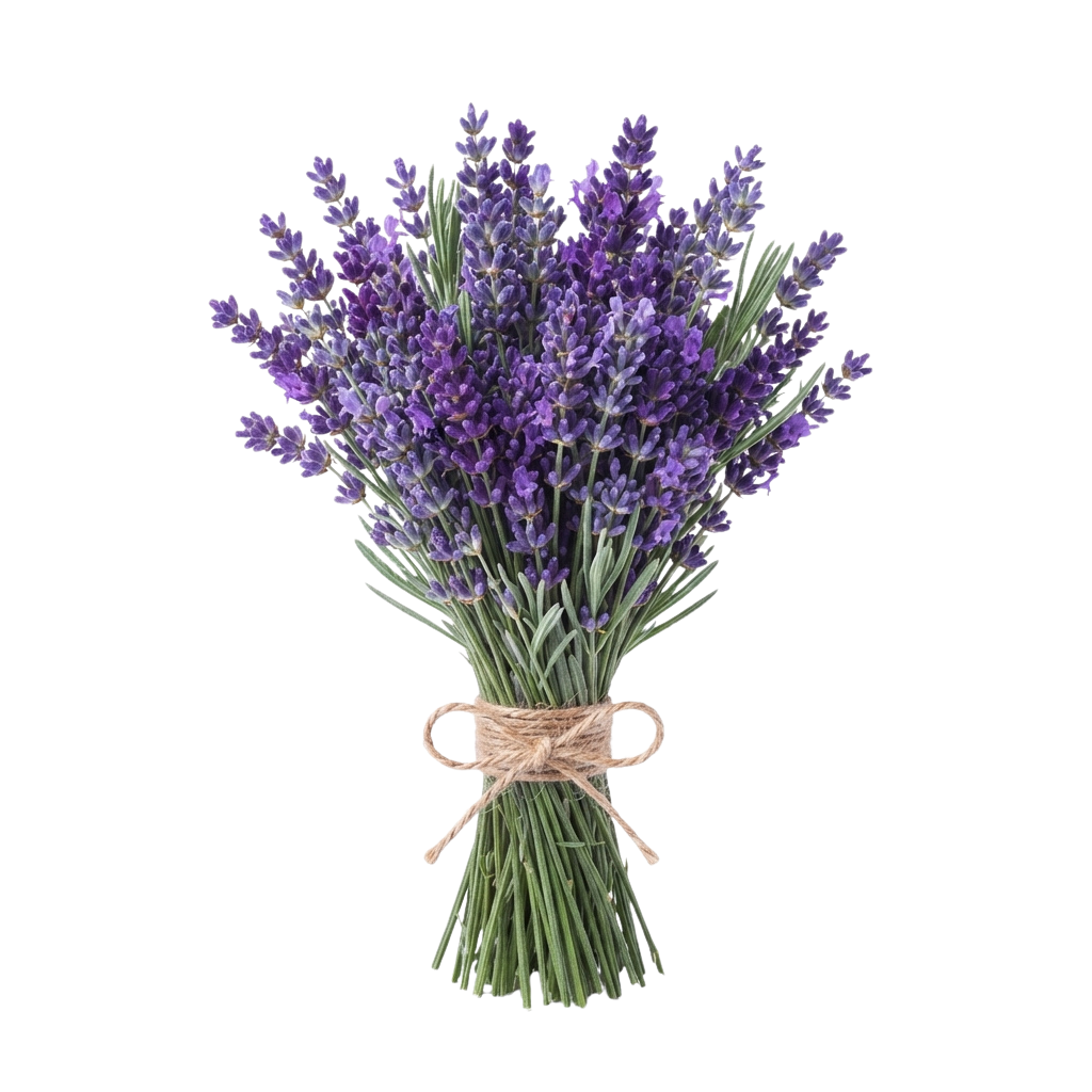 A bouquet of fresh purple lavender flowers tied with natural twine