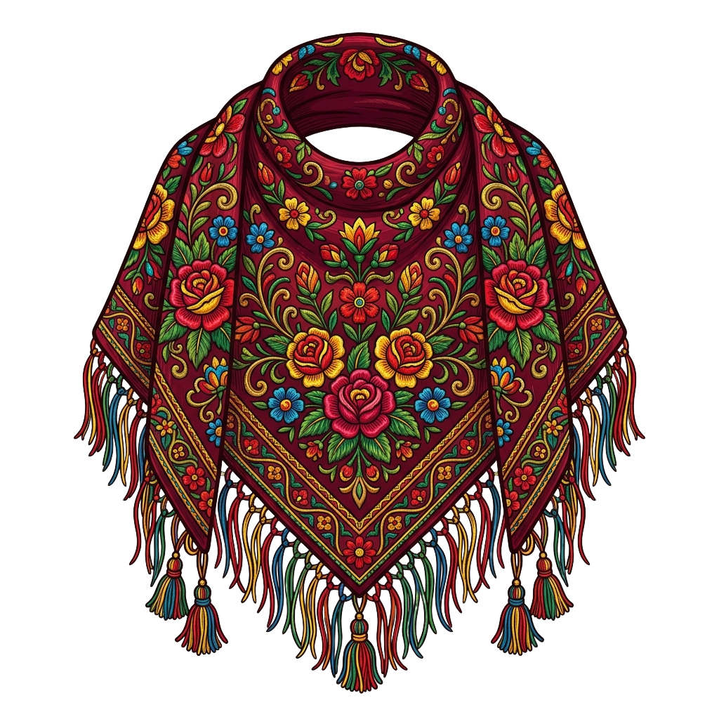 Vibrant embroidered shawl featuring floral patterns and colorful fringe tassels