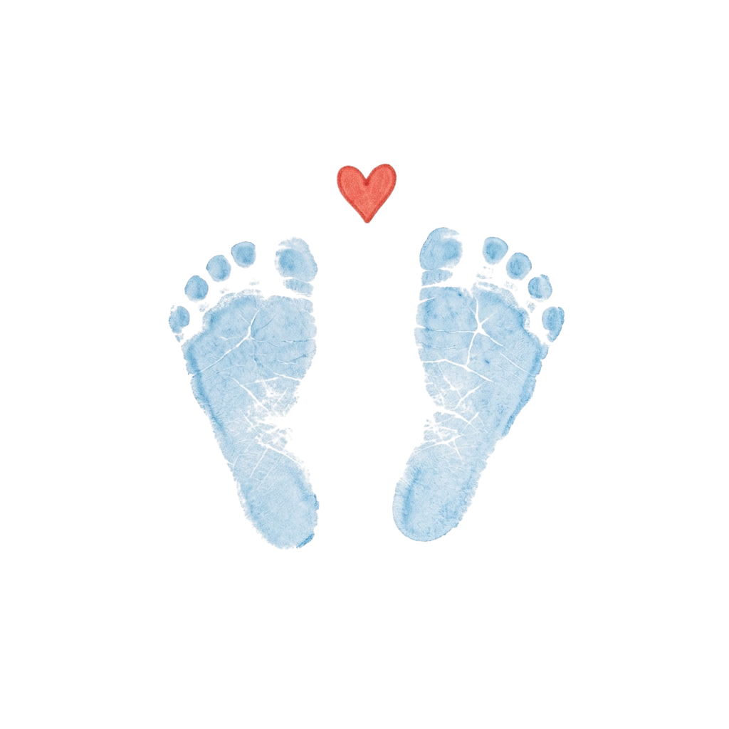 Two light blue baby footprints facing each other with a red heart above them on a black background