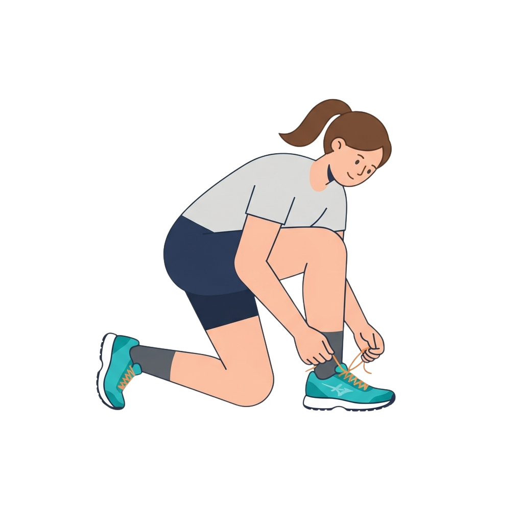 Illustration of a person kneeling down tying blue athletic shoes