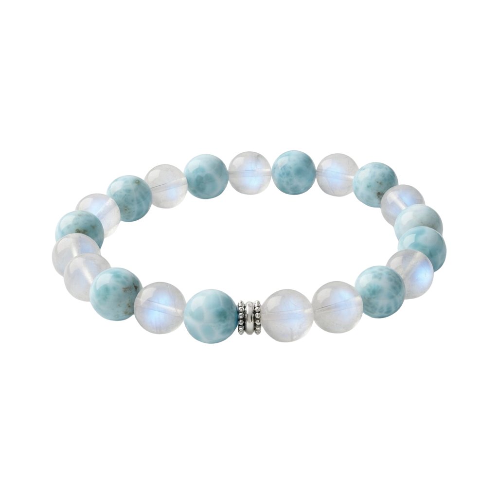 A bracelet made of round larimar beads with a silver-toned adjustable clasp