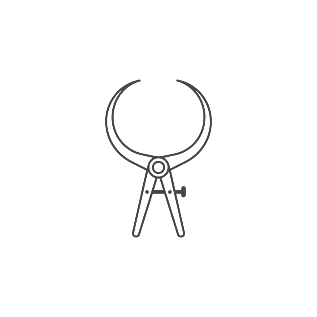 Illustration of a pair of adjustable calipers with a circular frame and sliding arms for precise measurements
