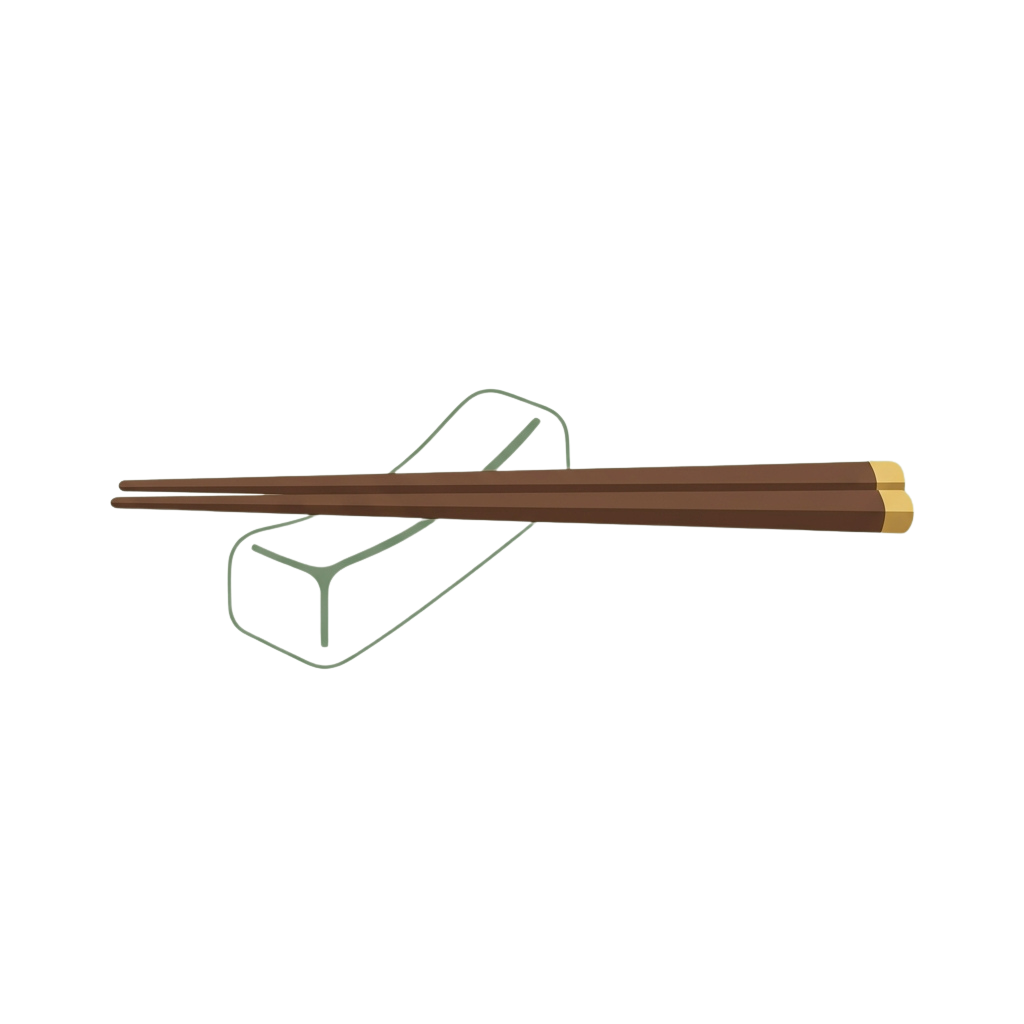 A wooden chopstick holder with a pair of brown chopsticks resting inside it