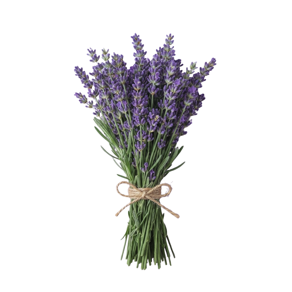A bouquet of fresh purple lavender flowers tied together with natural twine.