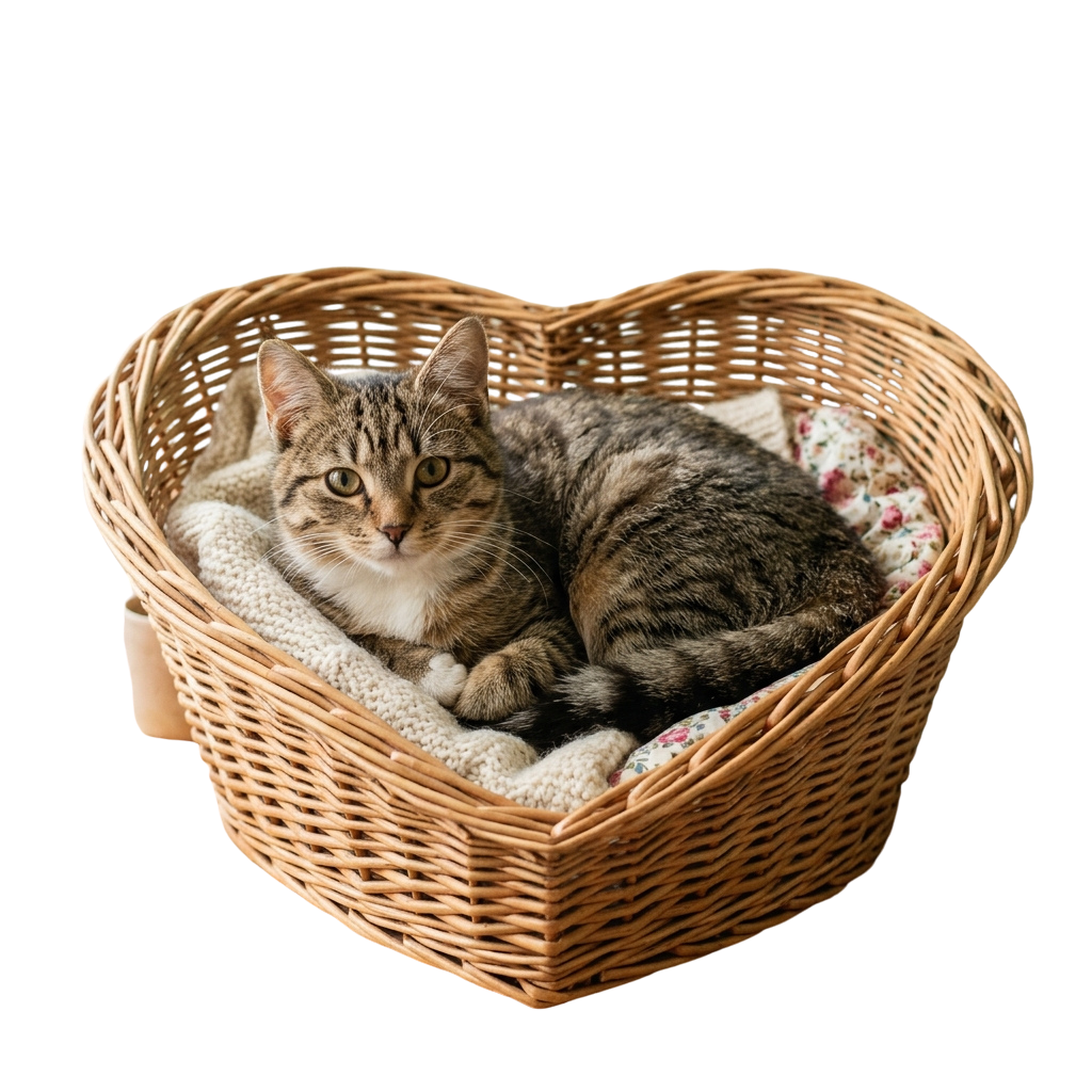 A small gray tabby kitten sitting comfortably in a heart-shaped wicker basket lined with a soft white blanket.