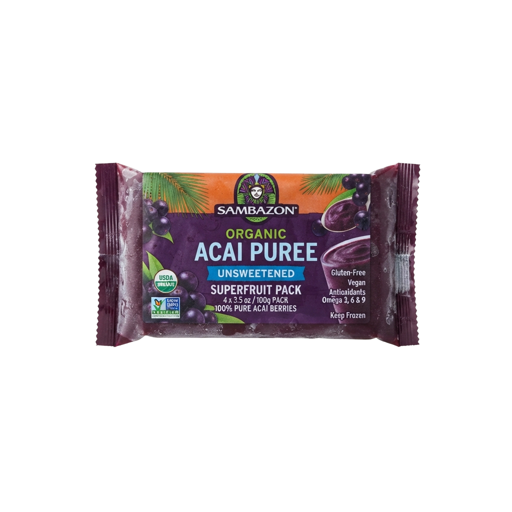 Pack of organic unsweetened acai puree superfruit packs containing frozen acai berries.