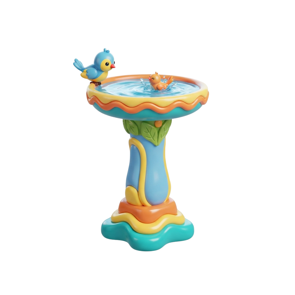 A playful bird bath toy featuring a blue bird and a frog in a decorative water basin with vibrant colors