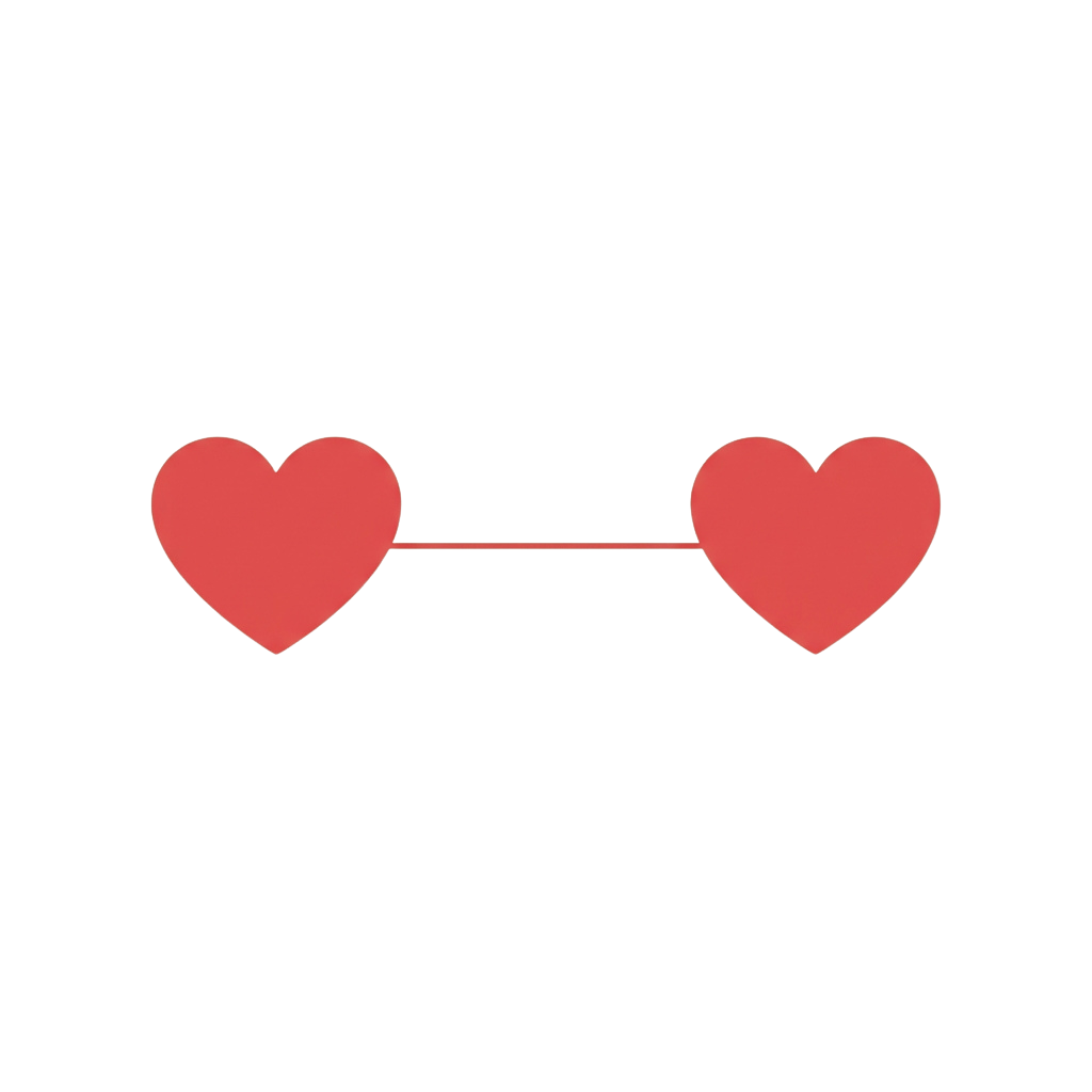 Two red heart shapes connected by a thin white line on a black background