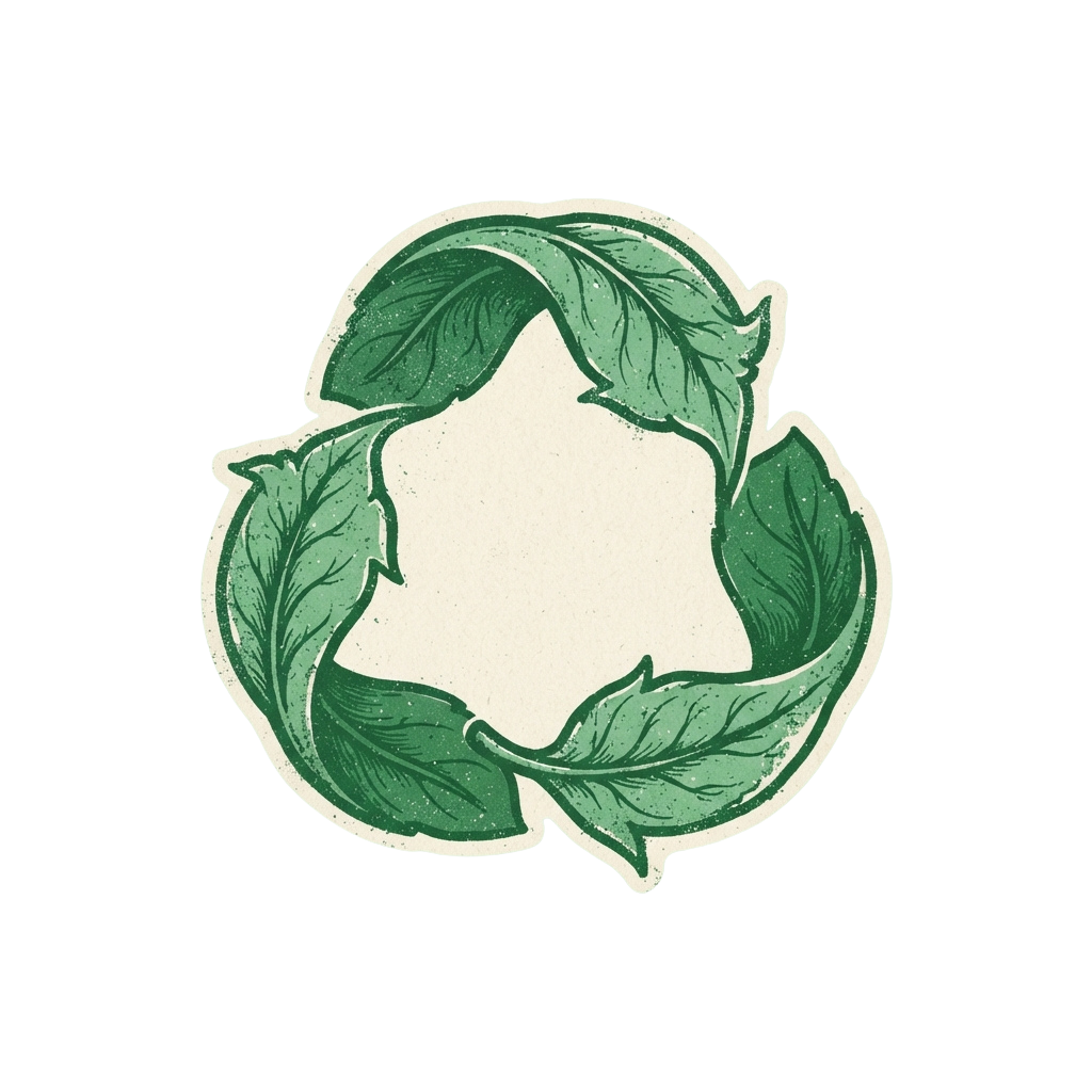 A recycling symbol composed of green leaves forming three arrows in a circular pattern on a black background