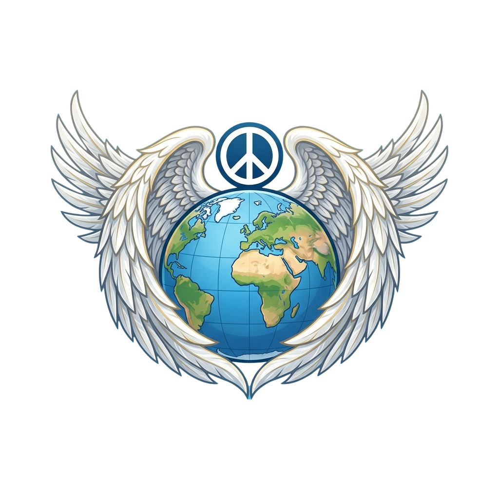 Illustration of a globe with white wings and a peace symbol above it