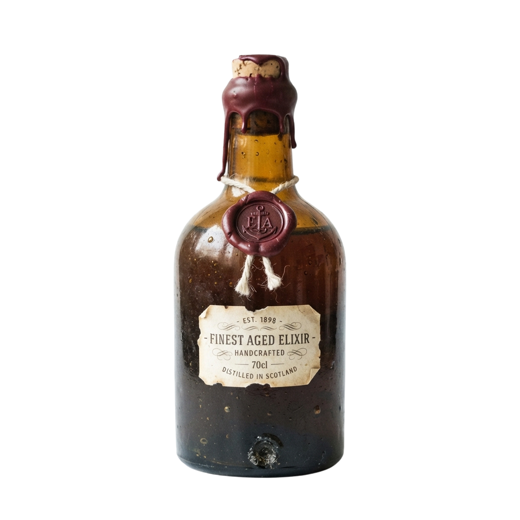 Aged brown glass bottle with a wax seal and label reading Finest Aged Elixir Handcrafted 70cl Distilled in Scotland