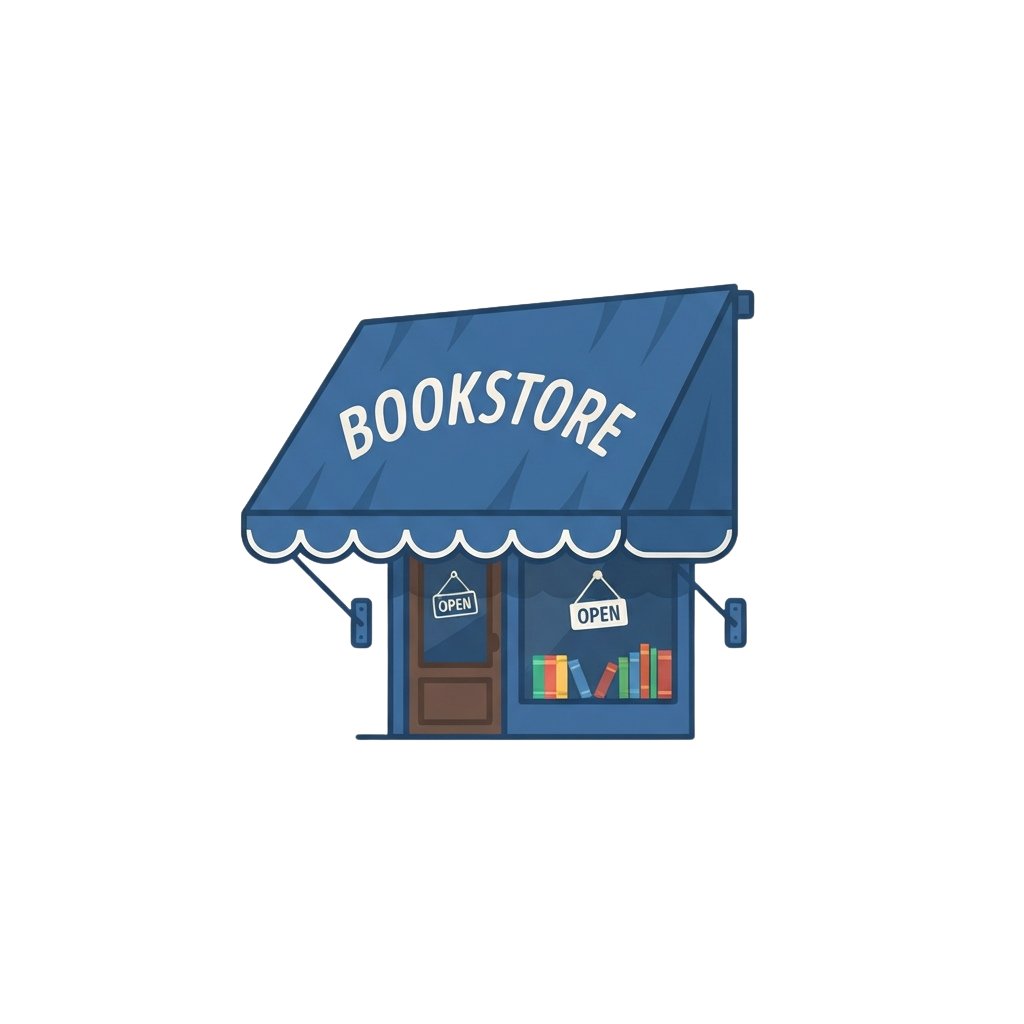 Illustration of a blue bookstore with an awning labeled Bookstore, showing two open signs and shelves with books inside.