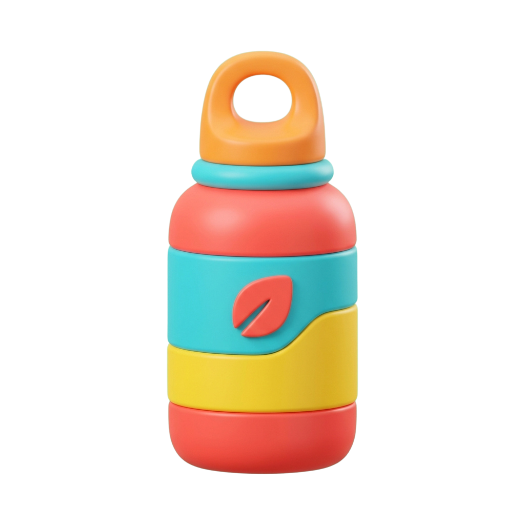 A colorful water bottle with orange cap, blue and yellow stripes, and a red leaf logo