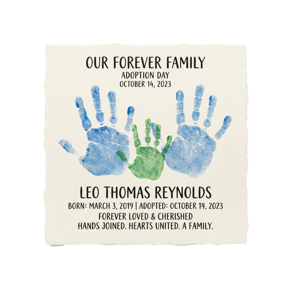 Handprint artwork celebrating adoption day with date and child's name