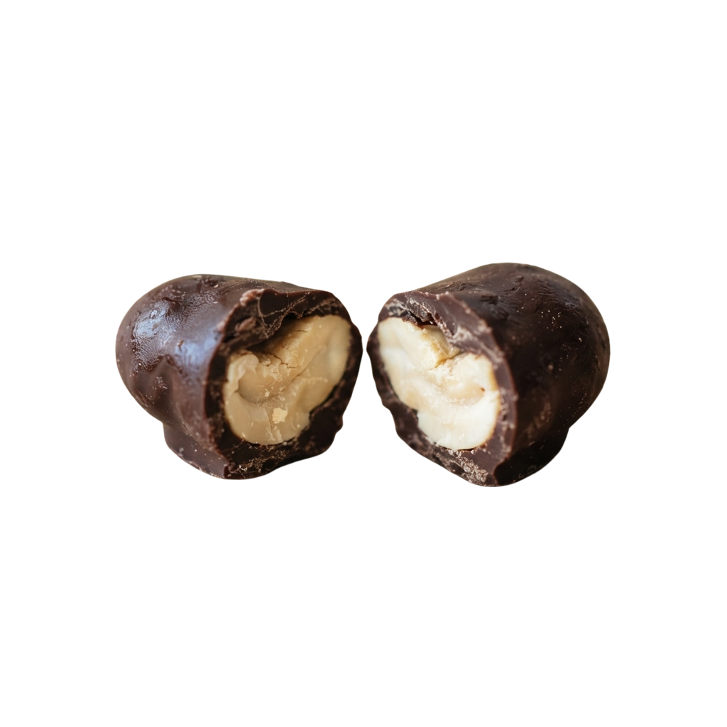 Two halves of chocolate-covered almond candy with visible filling