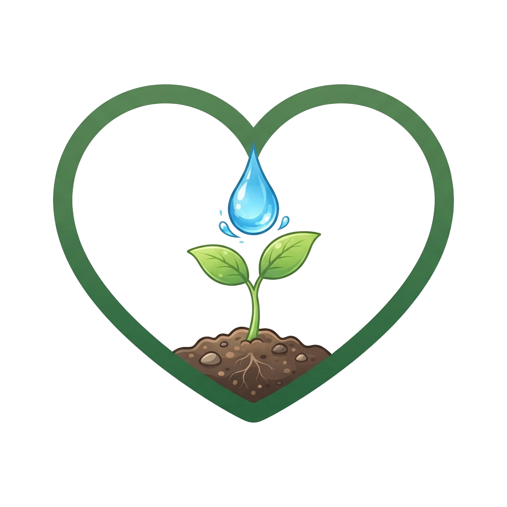 A heart shape with a small plant sprouting from soil, receiving a water droplet.