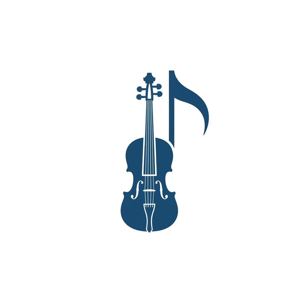 A blue silhouette of a violin with a treble clef note next to it on a black background